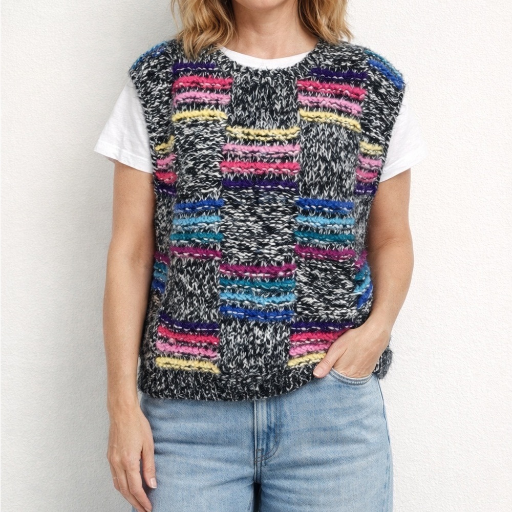 Vintage Chunky Knit Colorful Sweater Vest Y2K Patchwork Cozy Retro LG - Picture 1 of 7